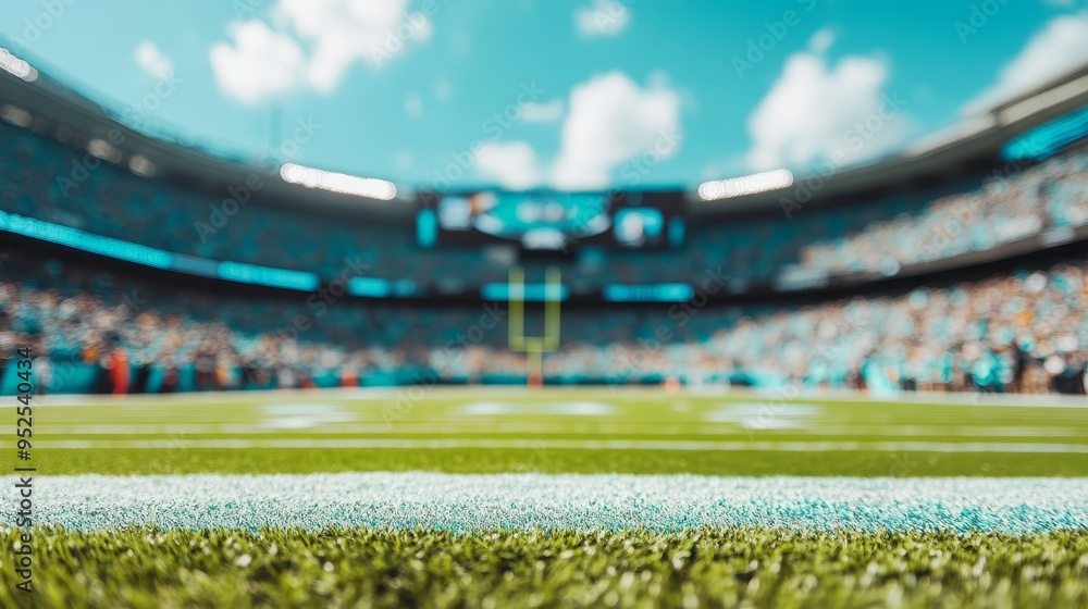 Naklejka premium A vibrant sports stadium with a focus on the field, capturing the excitement of a game day atmosphere.