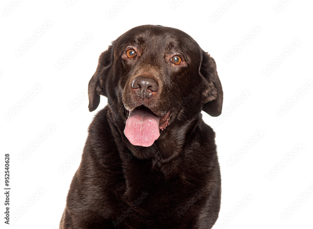 Chocolate labrador retriever panting with tongue out on white background Chocolate labrador retriever panting with tongue out on white background