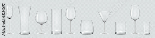 Realistic transparent empty glasses set. Vector mockup of glassware for water, alcohol, juice and other drinks. 