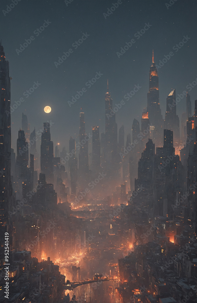 Obraz premium Giant Moon Over a Misty Urban Nightscape with Skyscrapers