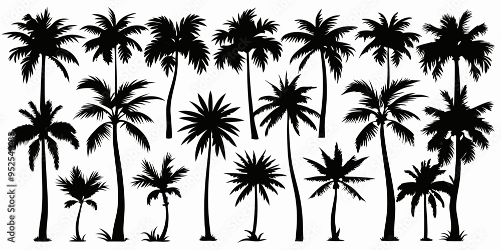 Tropical palm trees set silhouettes on white background Tropical palm trees set silhouettes on white background