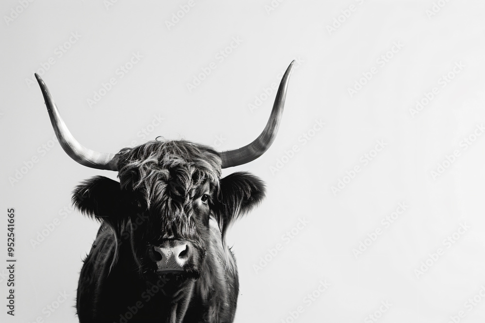 a black and white photo of a cow with horns a black and white photo of a cow with horns