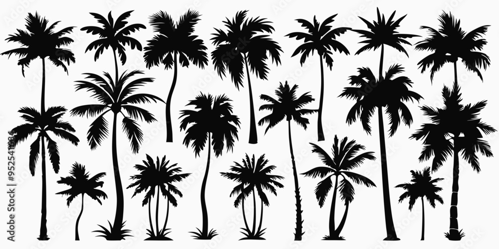 Tropical palm trees set silhouettes on white background Tropical palm trees set silhouettes on white background