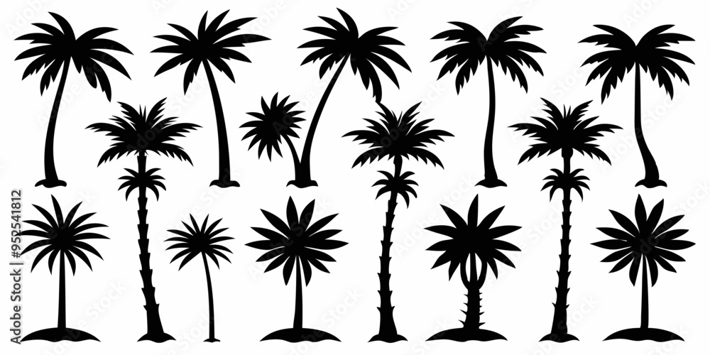 Fototapeta premium Tropical palm trees set silhouettes on white background 