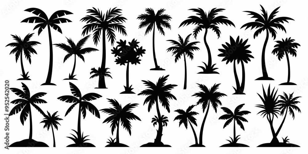Fototapeta premium Tropical palm trees set silhouettes on white background 