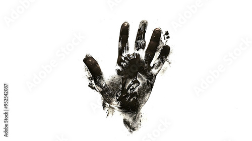 Black paint handprint on white background. Generative AI.