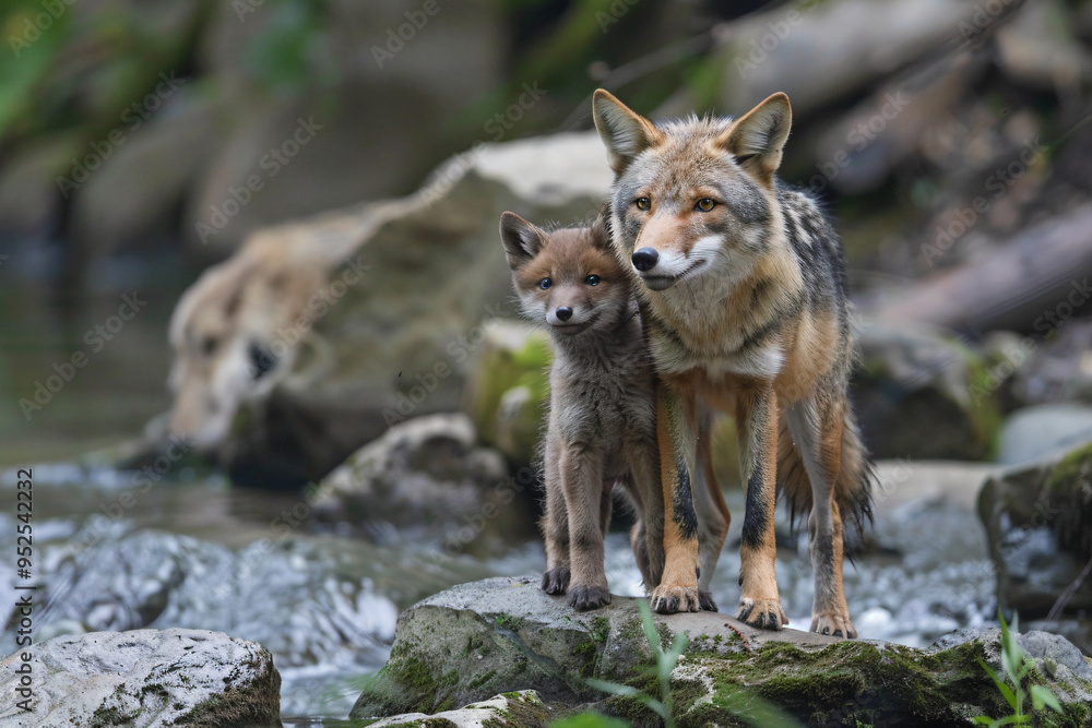 a wolf and a baby wolf standing on a rock
