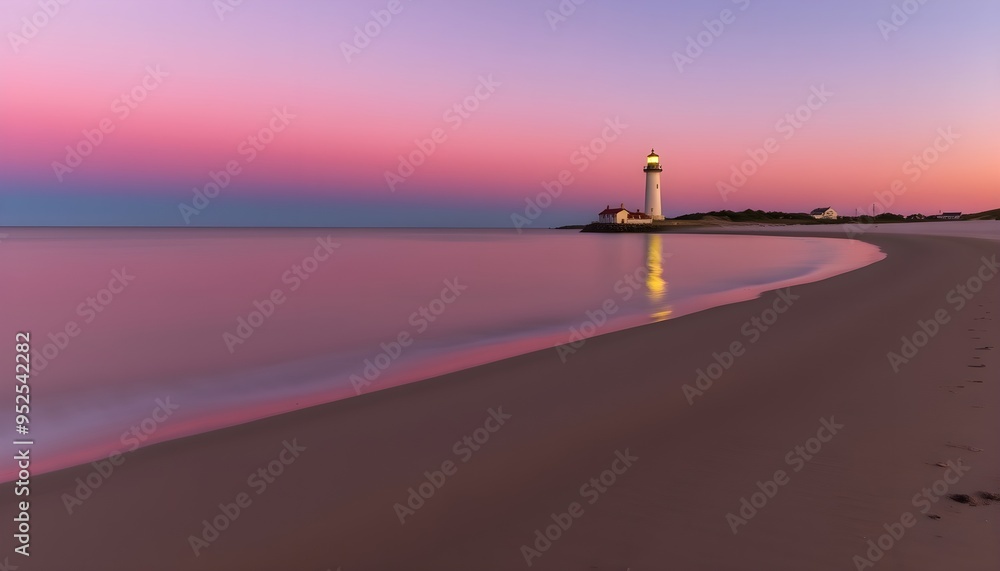 Serene Lighthouse on Calm Beach with Smooth Water Reflecting Sunset Colors Serene Lighthouse on Calm Beach with Smooth Water Reflecting Sunset Colors