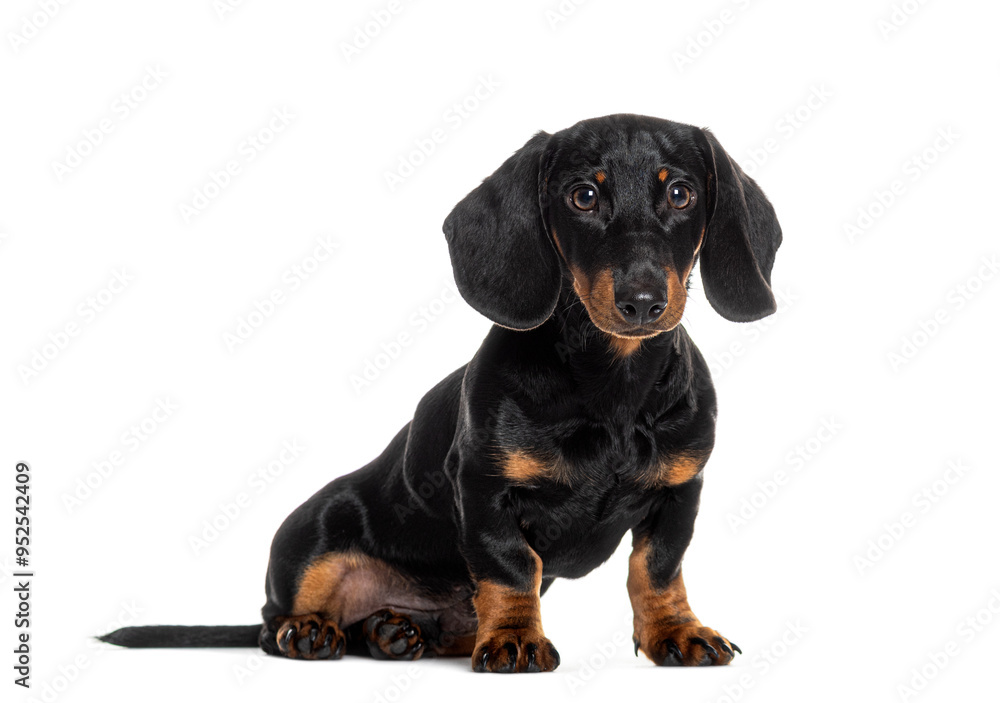 Adorable black and tan four months old dachshund puppy sitting on white background Adorable black and tan four months old dachshund puppy sitting on white background