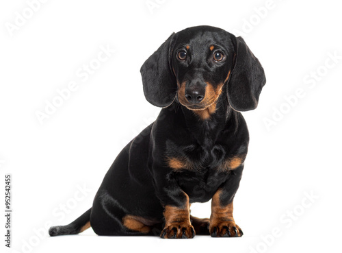 Adorable black and tan four months old dachshund puppy sitting on white background