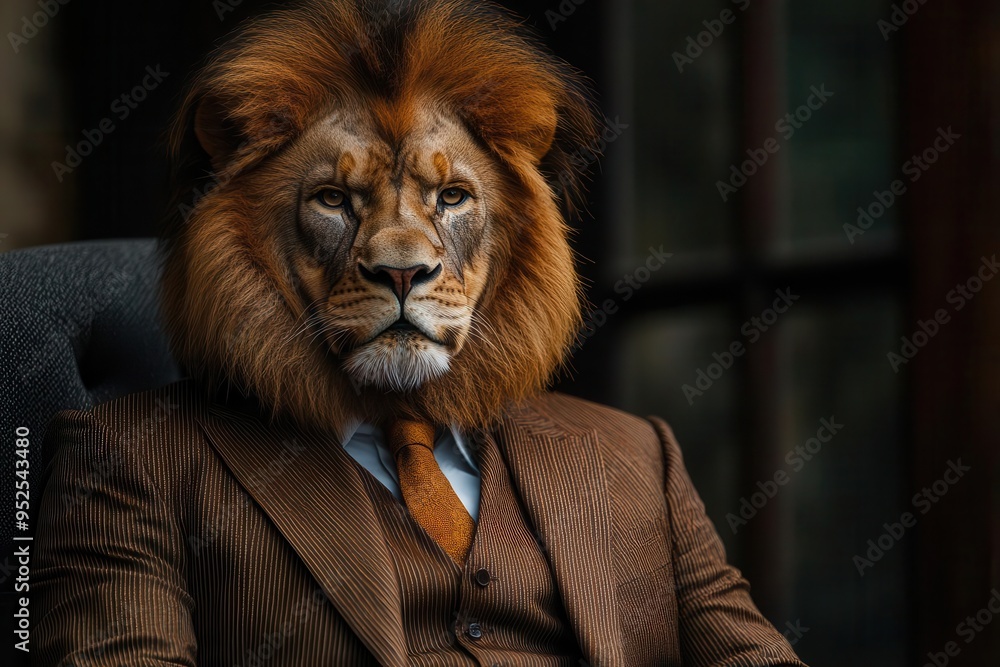 regal lion in tailored pinstripe suit and tie exuding power and confidence in corporate boardroom setting regal lion in tailored pinstripe suit and tie exuding power and confidence in corporate boardroom setting