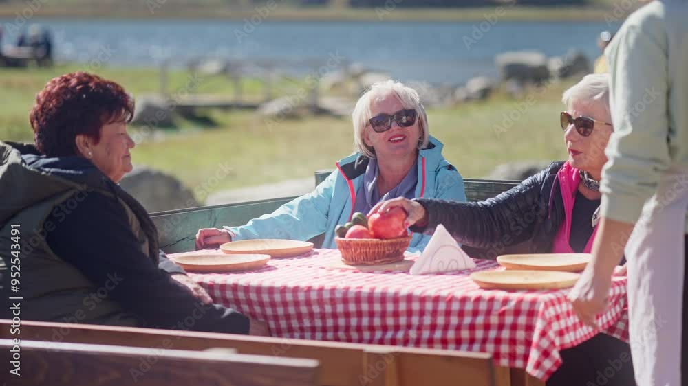 Waitress Serving Tomatoes and Cucumbers on the Table to Three Caucasian Women Outdoors by a Lake on a Sunny Autumn Day. Concept of organic food, meal, hospitality, al fresco, service, outdoor dining Waitress Serving Tomatoes and Cucumbers on the Table to Three Caucasian Women Outdoors by a Lake on a Sunny Autumn Day. Concept of organic food, meal, hospitality, al fresco, service, outdoor dining