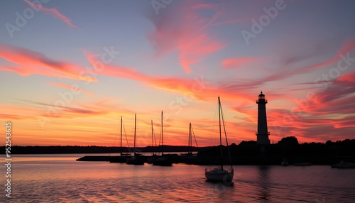 Scenic Lighthouse at Sunset Overlooking Harbor with Sailboats and Fishing Boats