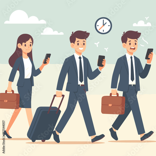 Three men and a woman are walking down a street, all of them holding cell phones. The man on the left is holding a suitcase, while the man on the right is holding a briefcase