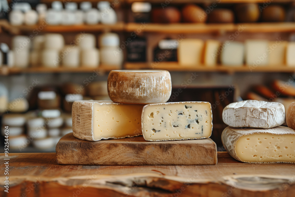 Cheese on display at a cheese shop. Selective focus.