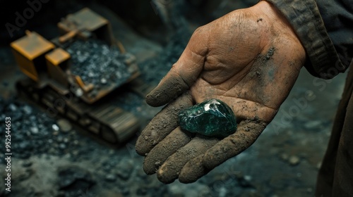 Close-up of a mine engineer hands holding a dark emerald green diamond photo