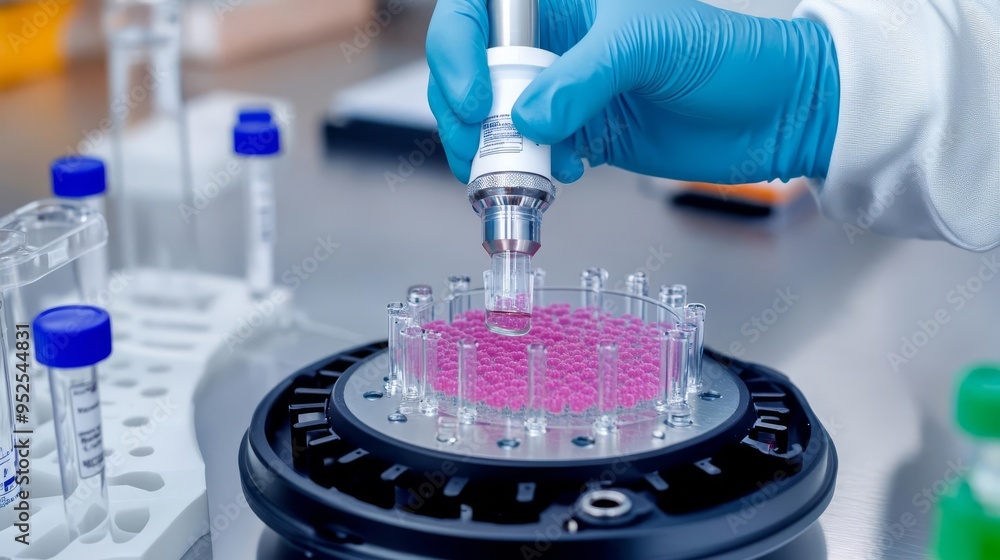 Researcher using a vacuum manifold for controlled cell seeding ...