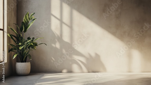 A potted plant in a minimal interior with a textured wall and window light