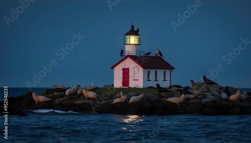 Remote Island Lighthouse with Wildlife at Night Surrounded by Calm Ocean and Seals