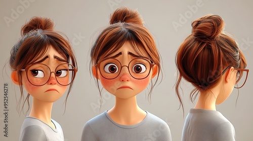 3D character concept of a cute, sad girl with glasses and a hair bun, shown in three views, in the style of 3D cartoon
