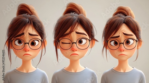 3D character concept of a cute, sad girl with glasses and a hair bun, shown in three views, in the style of 3D cartoon