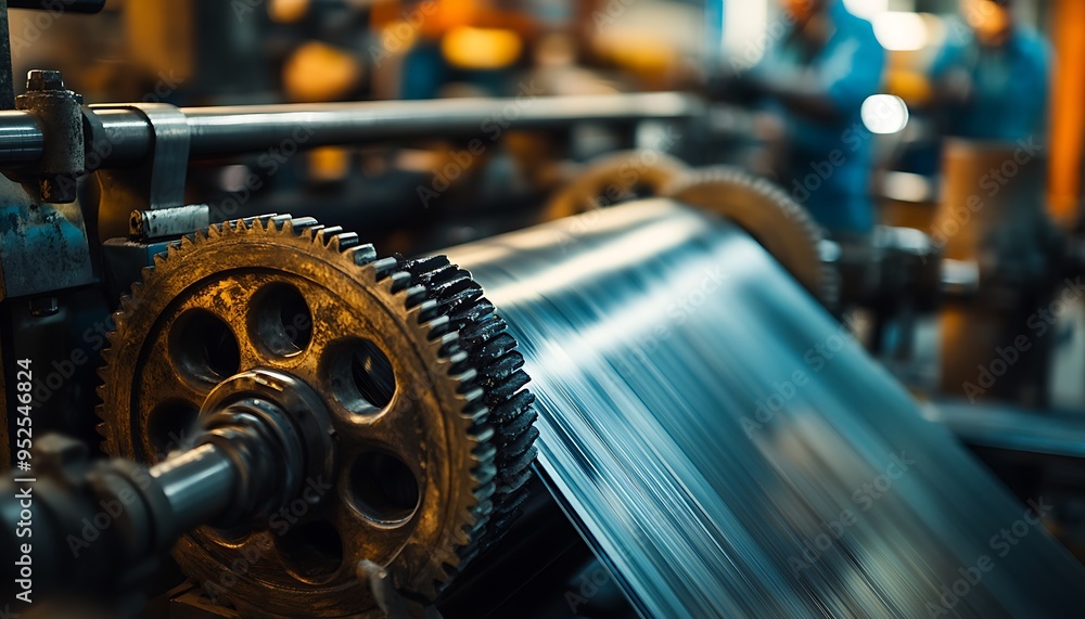 Fototapeta premium Industrial Printing Press Processing Metal Sheets with Visible Rollers and Gears