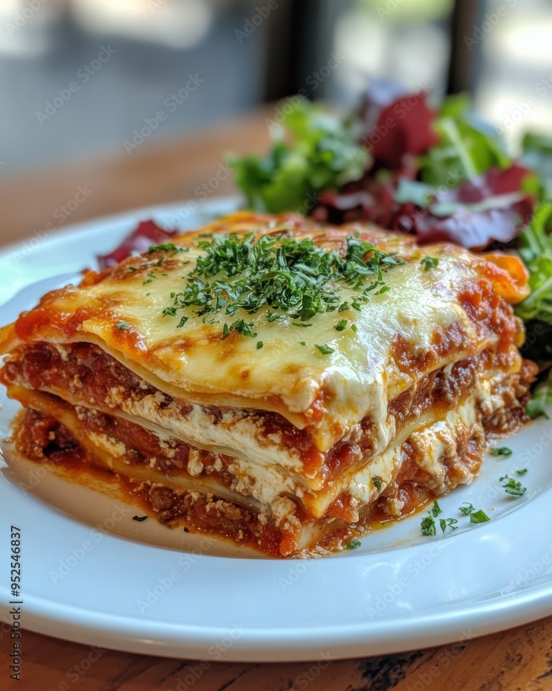 Lasagna Delight: A mouthwatering close-up of a freshly baked lasagna, layered with rich tomato sauce, melted cheese, and tender pasta, garnished with fresh parsley. Lasagna Delight: A mouthwatering close-up of a freshly baked lasagna, layered with rich tomato sauce, melted cheese, and tender pasta, garnished with fresh parsley.