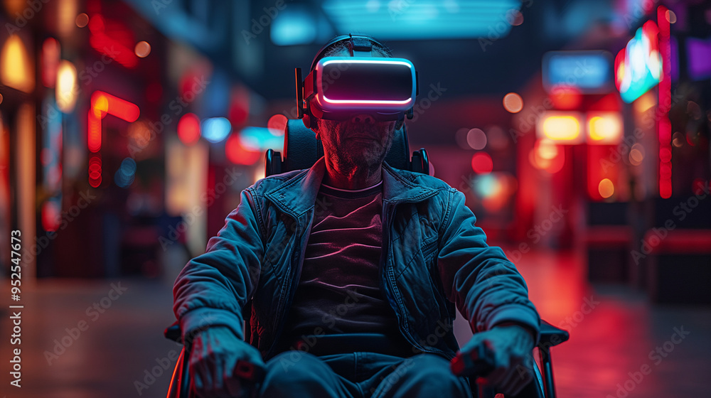 A man in virtual reality glasses in a wheelchair motivation is limited only in his head A man in virtual reality glasses in a wheelchair motivation is limited only in his head