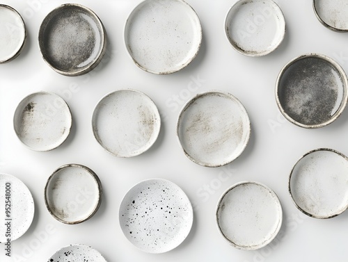Mismatched Rustic Ceramic Plates Displayed Against a Clean White Backdrop with Subtle Artisanal Details