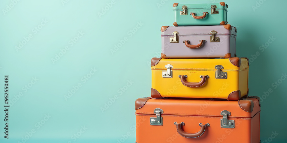 Fototapeta premium a stack of multicolored suitcases on a colored background