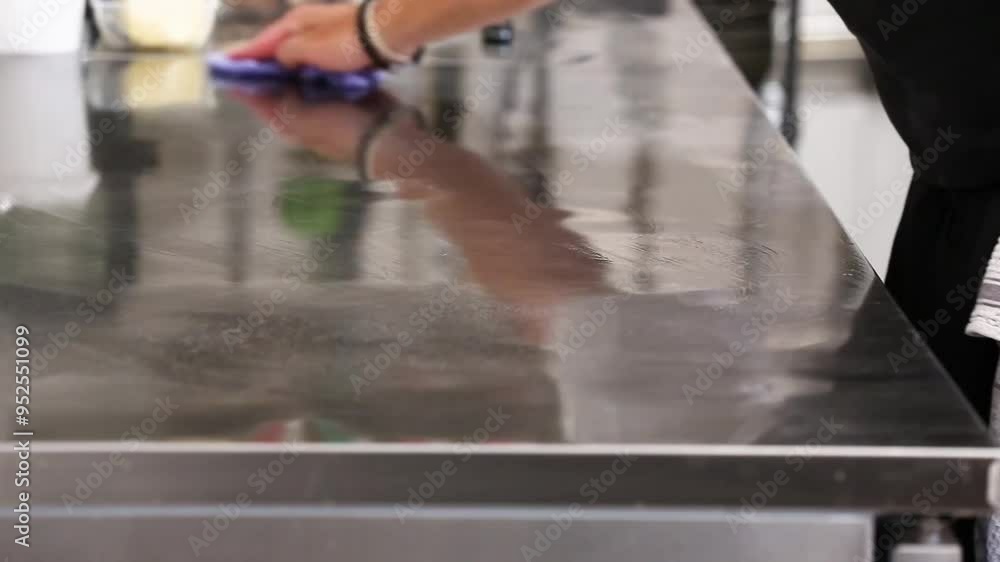 Made chef in black pinafore wiping down silver metal work surface with cleaning fluid and blue roll Made chef in black pinafore wiping down silver metal work surface with cleaning fluid and blue roll