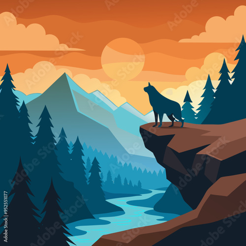 A wolf standing on a rocky outcrop vector illustration