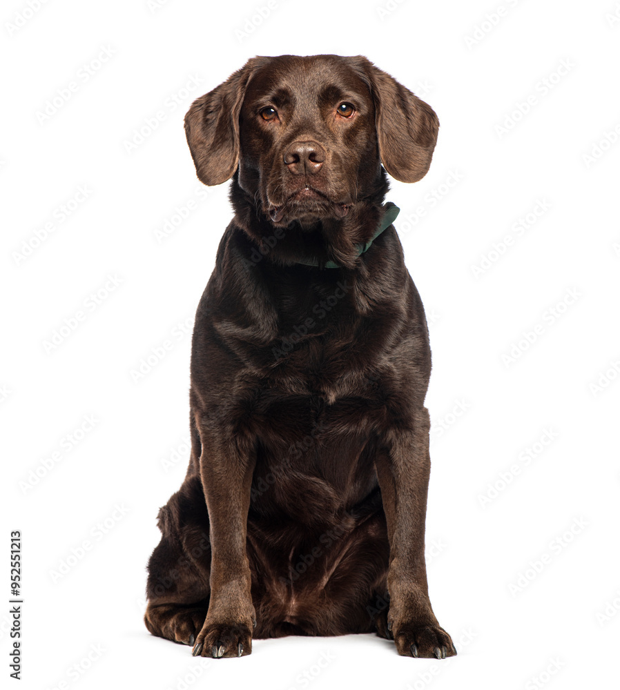 Chocolate labrador retriever sitting and looking at camera on white background Chocolate labrador retriever sitting and looking at camera on white background