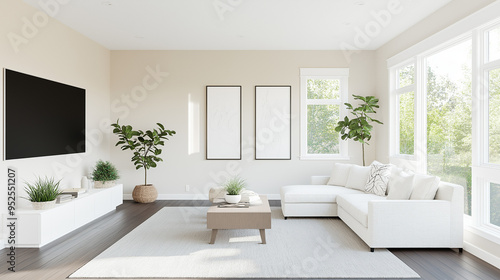 Create a realistic image of a typical American living room with light beige walls, dark hardwood flooring, modern furniture, and a cozy atmosphere.