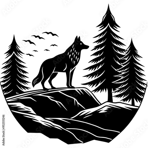 A wolf standing on a rocky outcrop vector illustration