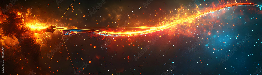 Holographic Bow and Quiver with Courage Text concept as A dynamic photo featuring a glowing holographic bow and quiver symbolizing the courage of Rama in the Dussehra story. The design includes genero