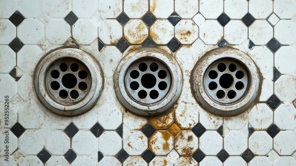 Fototapeta premium Three dirty holes in a white tile floor