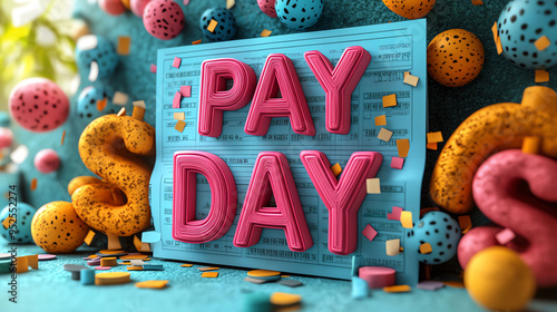 Pay day banner, paycheck stub with bold 