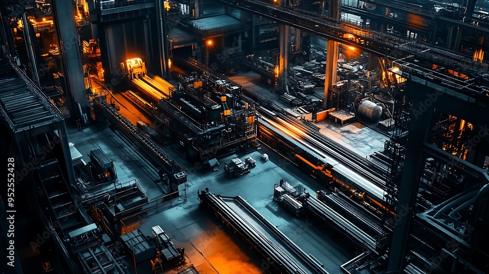 Automated Machinery Processing Raw Materials into Finished Goods on Industrial Factory Floor Automated Machinery Processing Raw Materials into Finished Goods on Industrial Factory Floor