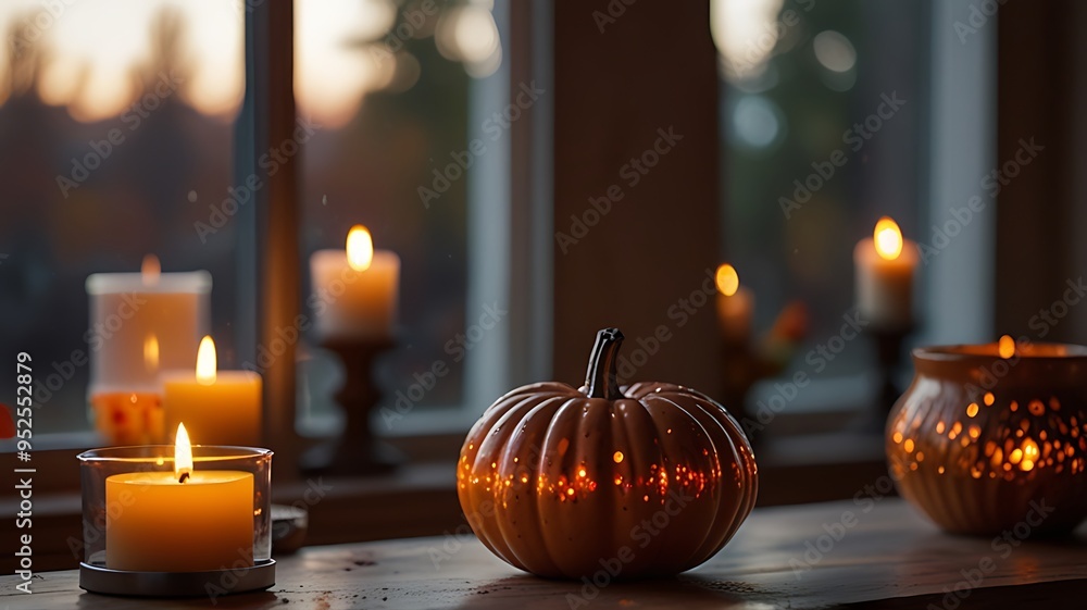 a huge window overlooking the evening and lit candles on the table a huge window overlooking the evening and lit candles on the table