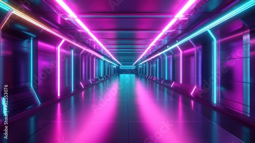 Futuristic Neon-Lit Corridor with Reflective Floor