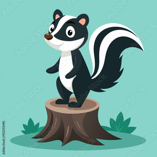 Cartoon skunk posing on tree stump vector illustration isolated