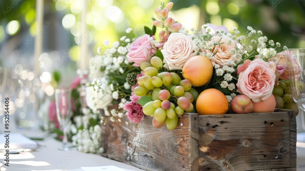 Dessert table at an outdoor wedding showcases pastel-colored cupcakes and fruits Dessert table at an outdoor wedding showcases pastel-colored cupcakes and fruits