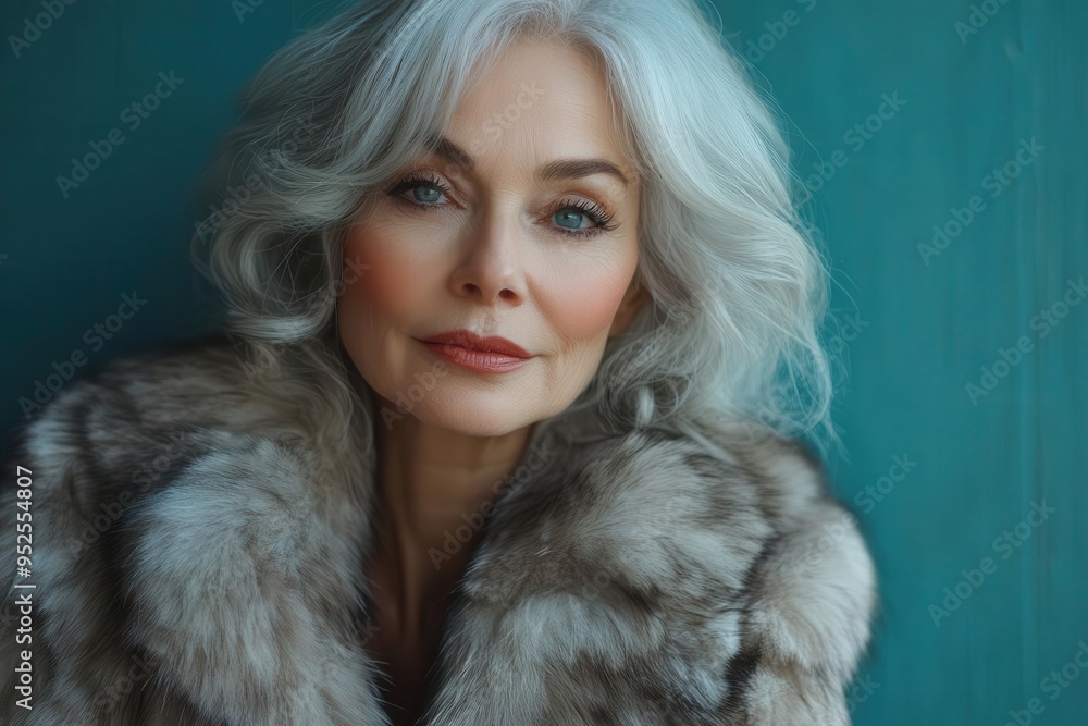 stylish senior woman in luxurious fur coat confident pose against vibrant turquoise background fashion portrait stylish senior woman in luxurious fur coat confident pose against vibrant turquoise background fashion portrait