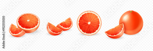 Realistic grapefruits. Set of whole, slice, piece of grapefruit isolated on transparent background. Fresh, juicy, ripe citrus collection.