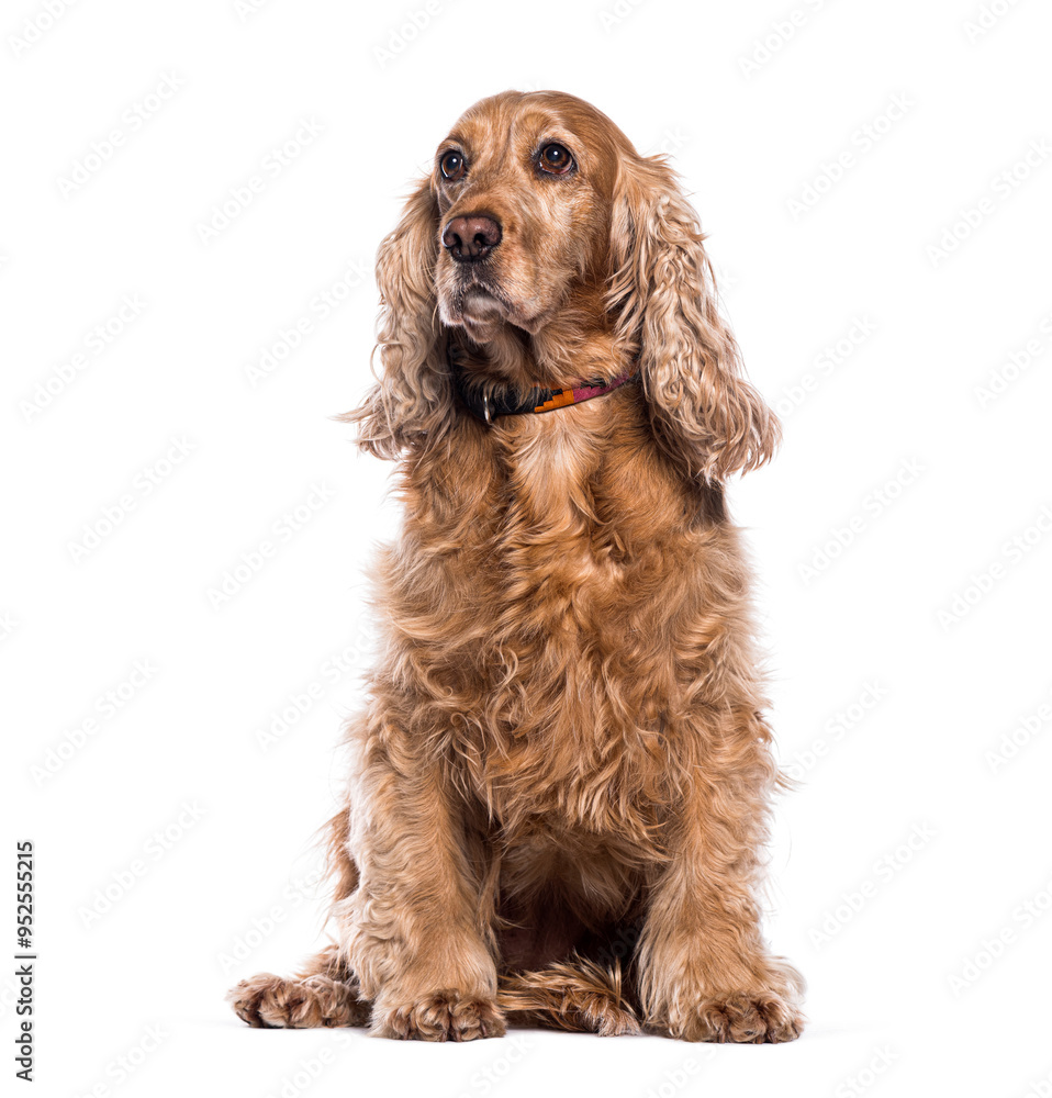 English Cocker Spaniel wearing a dog collar, sitting and looking away , isolated on white English Cocker Spaniel wearing a dog collar, sitting and looking away , isolated on white