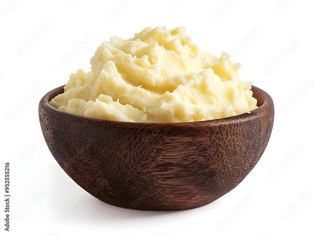 Rustic Homemade Mashed Potatoes in a Wooden Bowl with Minimal White Background Rustic Homemade Mashed Potatoes in a Wooden Bowl with Minimal White Background