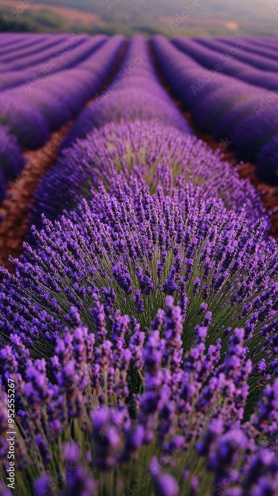 Obraz premium Lavender field with rows of purple flowers, a close up, in a blurred background.
