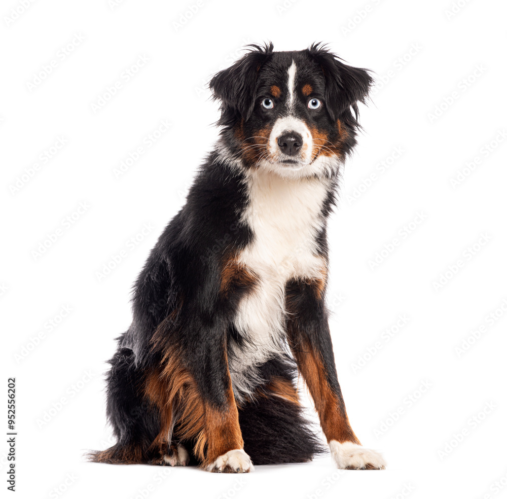 Miniature Australian shepherd, blue eyed, sitting and looking at the camera, isolated on white Miniature Australian shepherd, blue eyed, sitting and looking at the camera, isolated on white