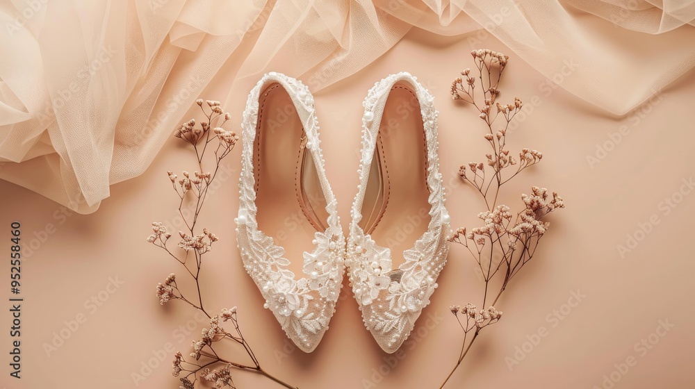 A pair of elegant bridal shoes with intricate lace and pearl detailing A pair of elegant bridal shoes with intricate lace and pearl detailing